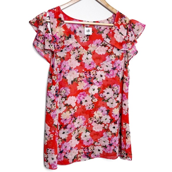 CAbi Tops - Cabi Red Floral Cold Shoulder Ruffle Sleeve V Neck Blouse Women's Size M